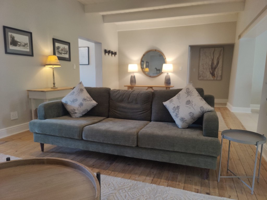 Sage green sofa with protea cushions